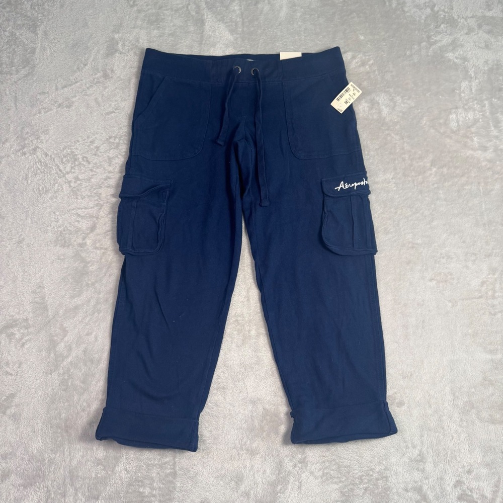 NWT Aeropostale Womens Cropped Cuffed Cargo Joggers M Navy Blue Y2K‎ Logo